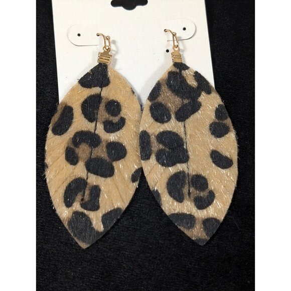 Versona Cheetah Print Faux Fur Animal Brown Black Dangle Pierced Earrings Boho - Picture 2 of 7
